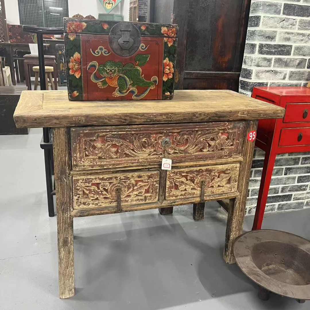 山西手工雕花桌蝴蝶柜榆木材质（111*50*82）复古古典做旧中式