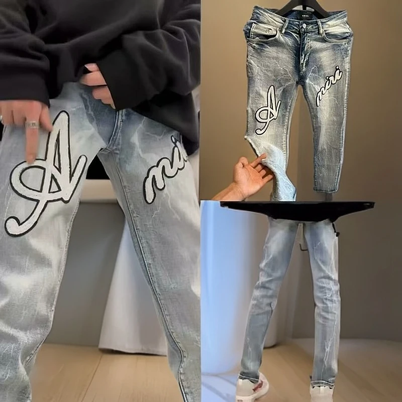 美式高街网红同款高品质AM字母刺绣牛仔裤男百搭修身弹力棉袄男款