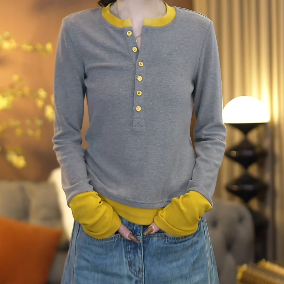 设计感撞色拼接纽扣长袖T恤女2025春季新款高定圆领打底衫上衣