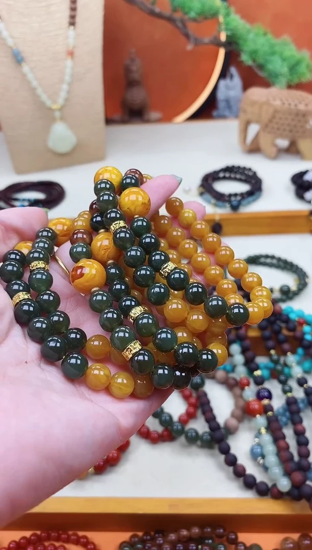 未镶嵌蜜蜡手链单圈蜜蜡和田菠菜绿手串