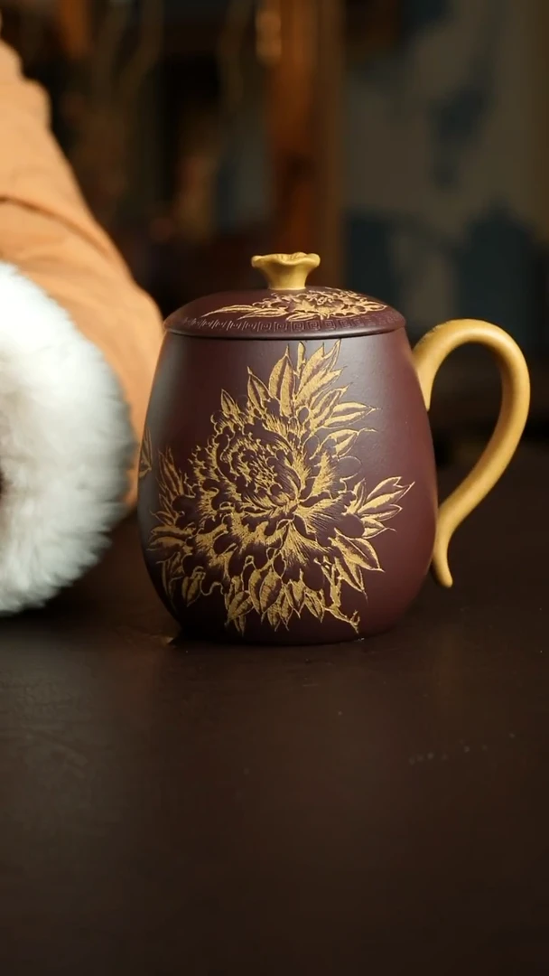 茶杯紫砂26号 李建军老师黄金段粉浆紫泥牡丹花盖杯450毫升