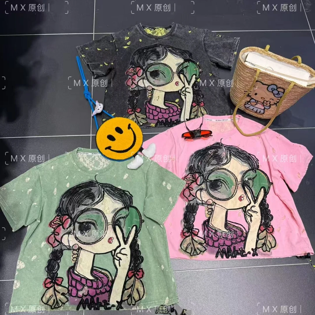 MX欧货2025春夏新款大版宽松大版重工洋气怀旧短袖t恤上衣37975