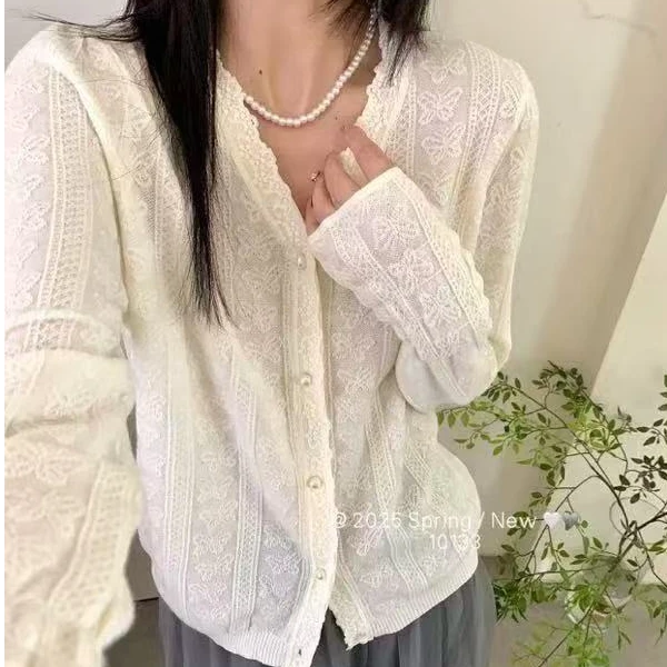 蕾丝软打底羊毛混纺秋冬季两穿百搭乱花针织开衫打底衫-KS2750