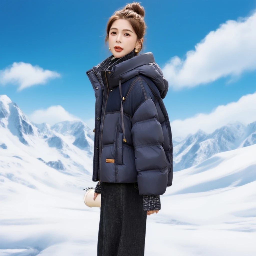 设计感拼接短款羽绒服女连帽2025冬季新款爆款时尚洋气白鸭绒外套