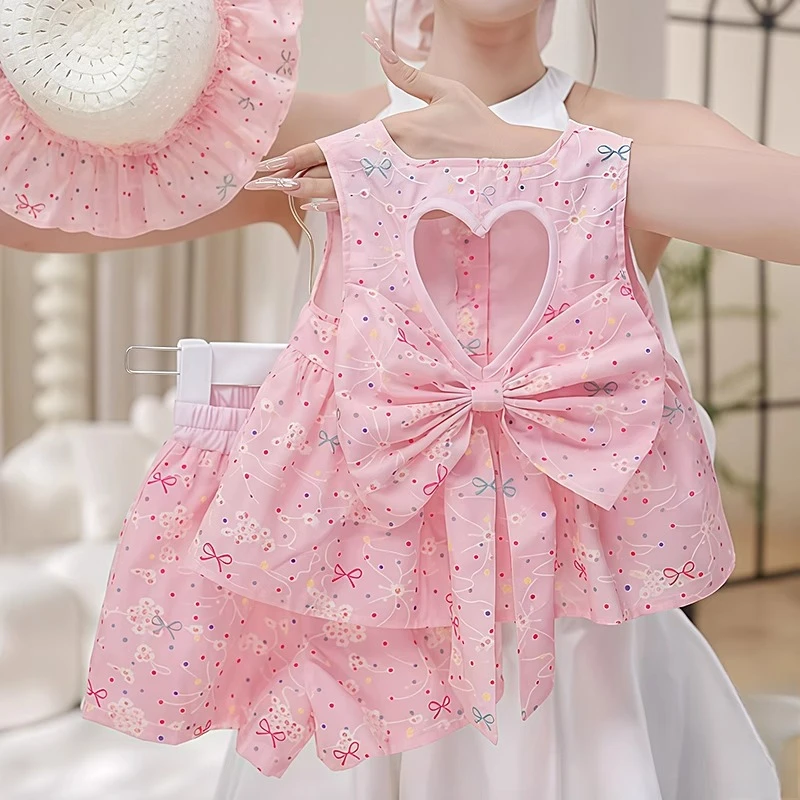 女童镂空无袖短裤套装2025新款夏季娃娃衫刺绣背心蝴蝶结甜美风薄