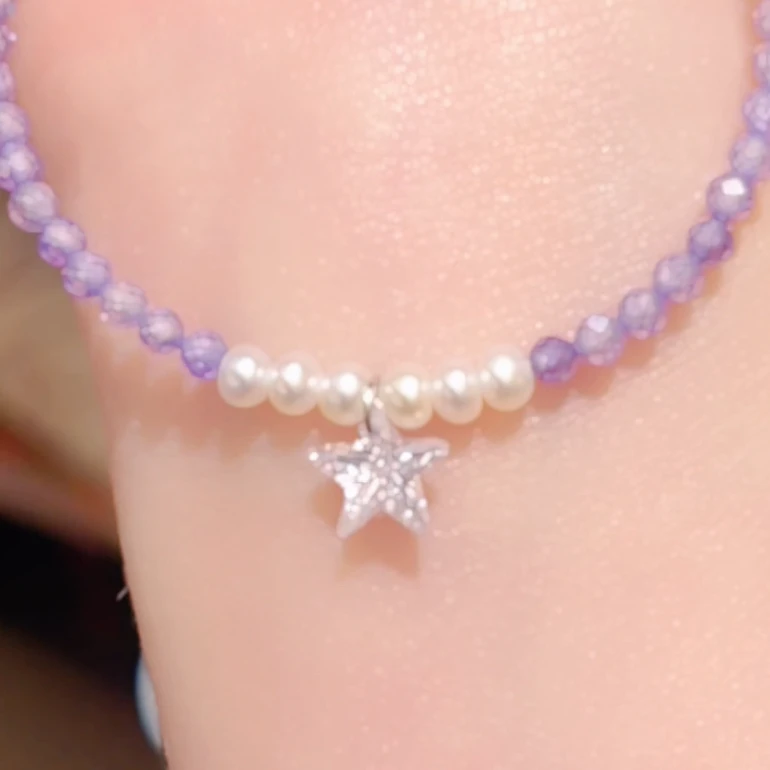 【甜茶】淡水珍珠紫色手链星星爆闪原创小众气质手工轻奢首饰女款