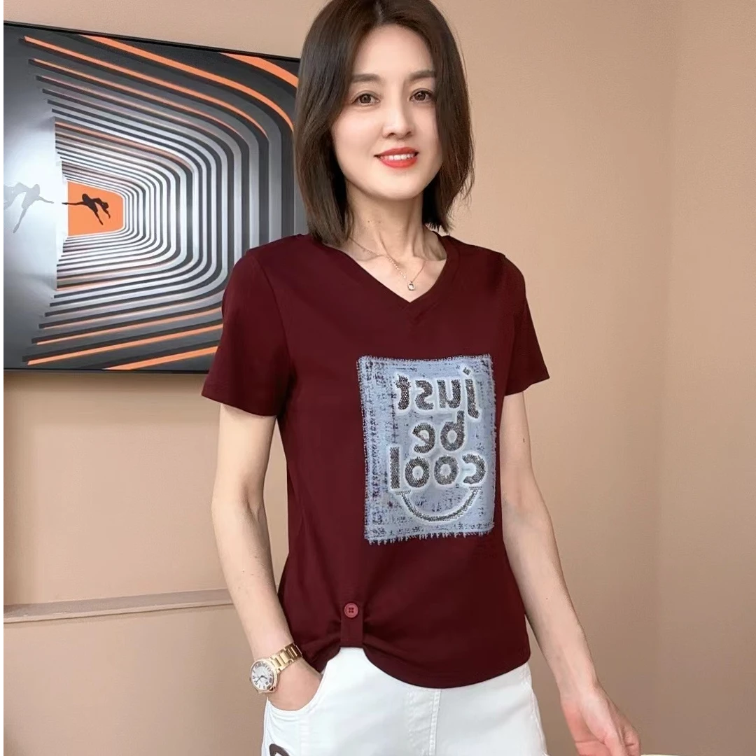 2025夏季新款印花扣子设计V领短袖T恤百搭时尚上衣1017