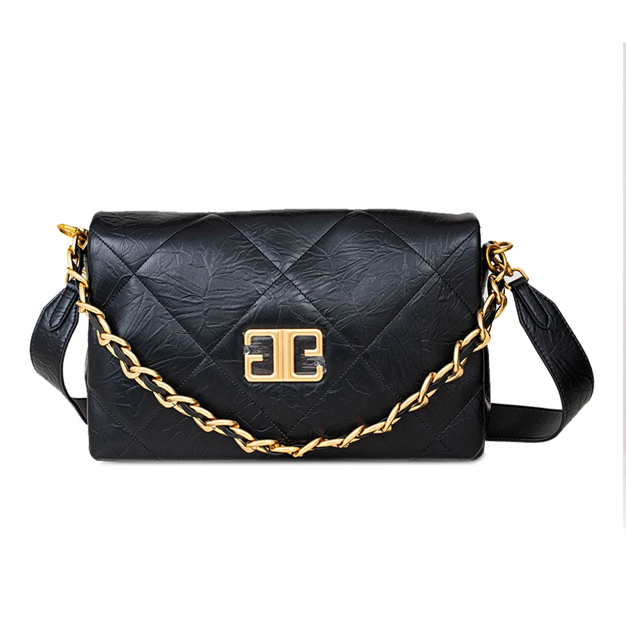 黑色时尚轻奢单肩包经典百搭翻盖斜挎女包菱格真牛皮包菱格包