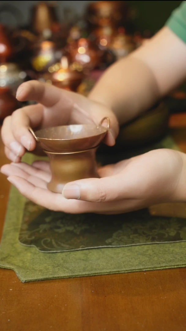 紫铜双耳锅形茶漏带茶漏托