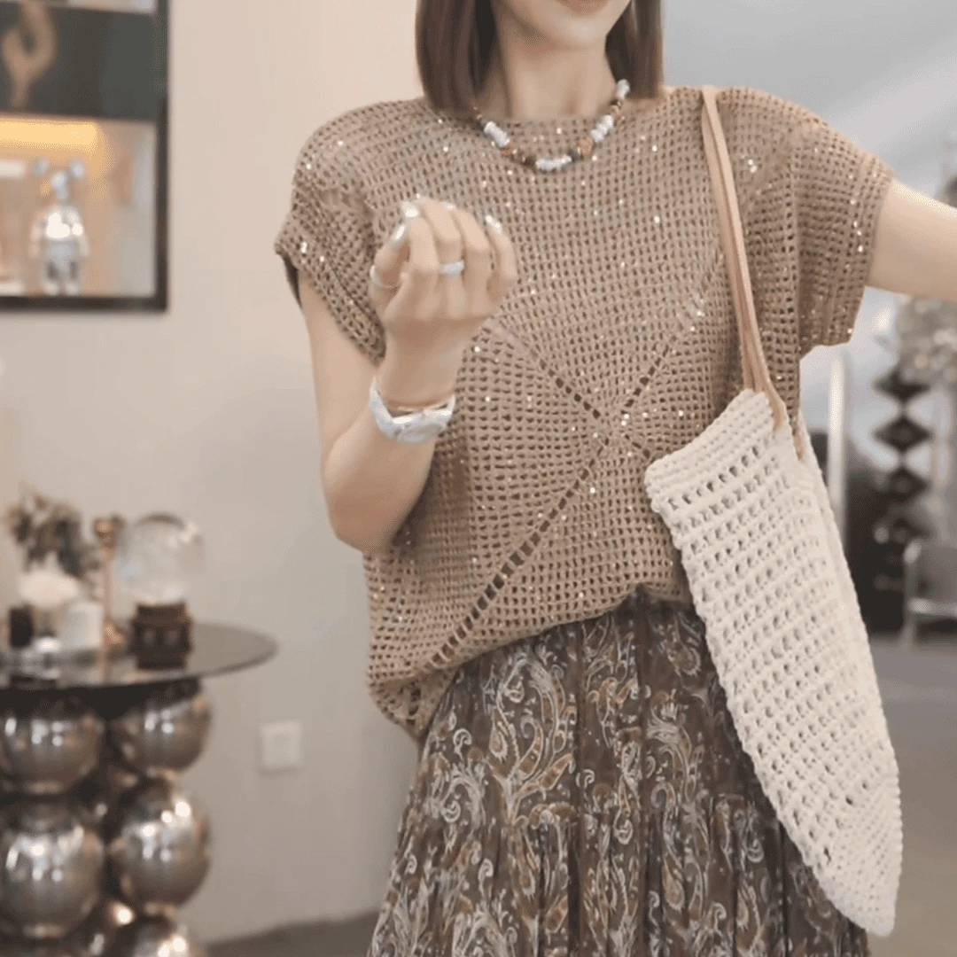 2025夏季小众新款时尚气质休闲针织毛衣女装镂空宽松圆领显瘦9078