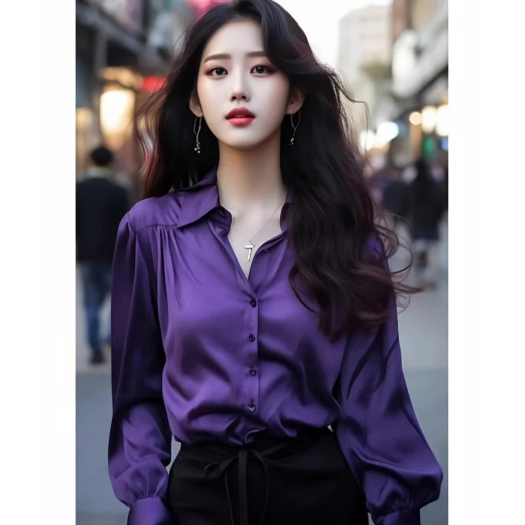 CS1232紫色缎面显瘦气质长袖洋气时尚百搭小众设计感法式轻熟衬衫
