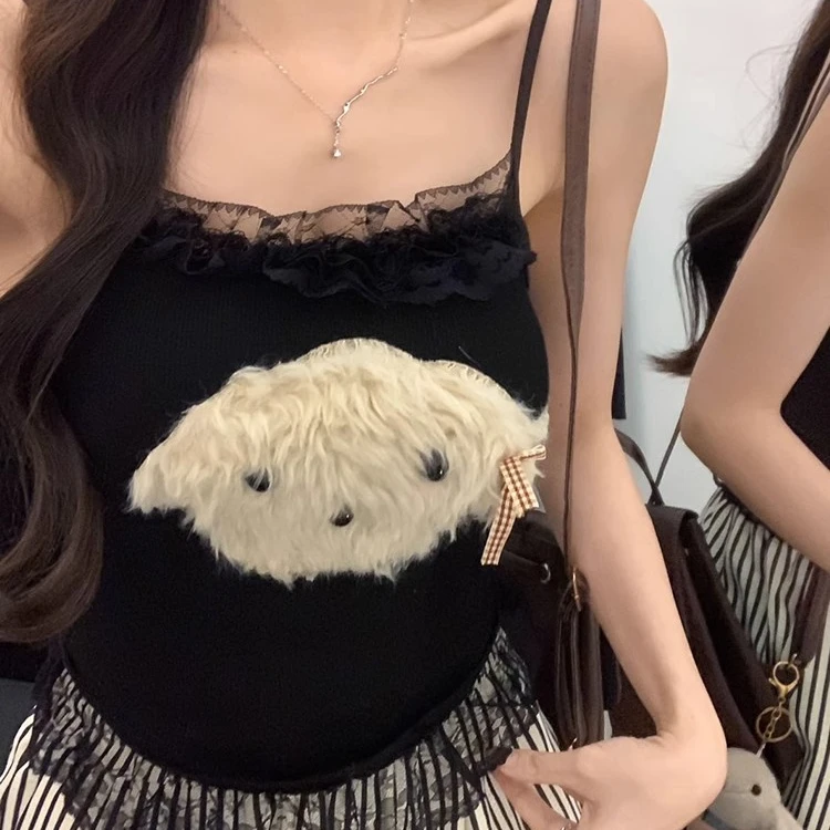 纯欲风蕾丝拼接小狗无袖吊带背心女带胸垫一体卡通内搭打底衫上衣