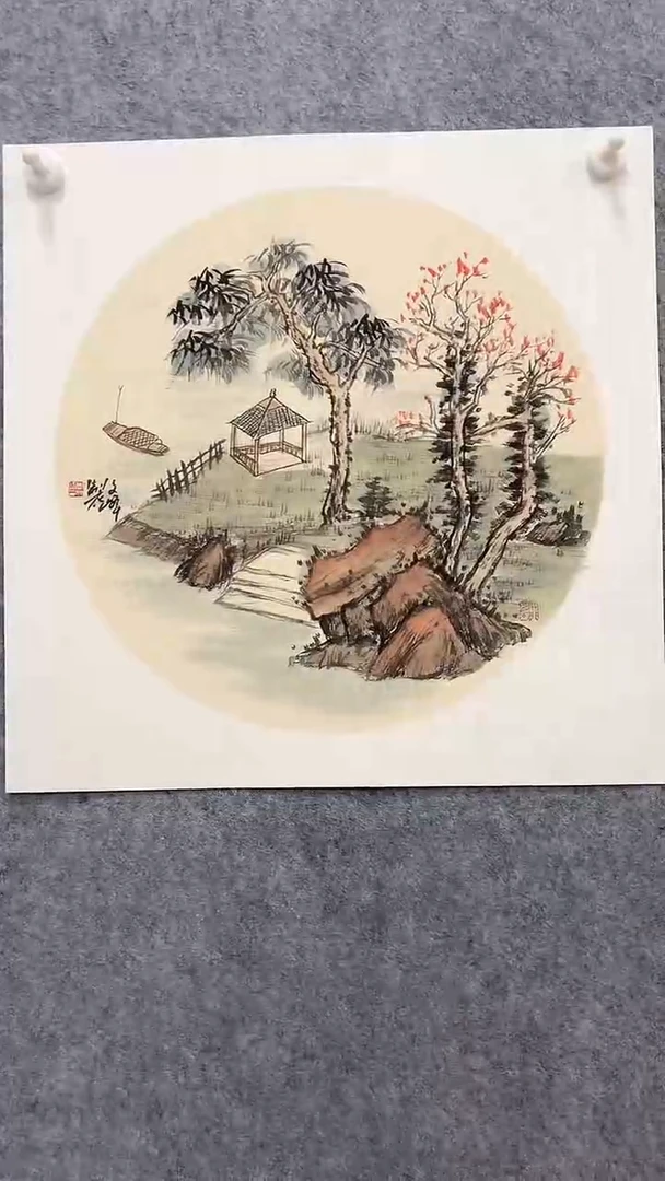 国画三尺斗方卡纸山水