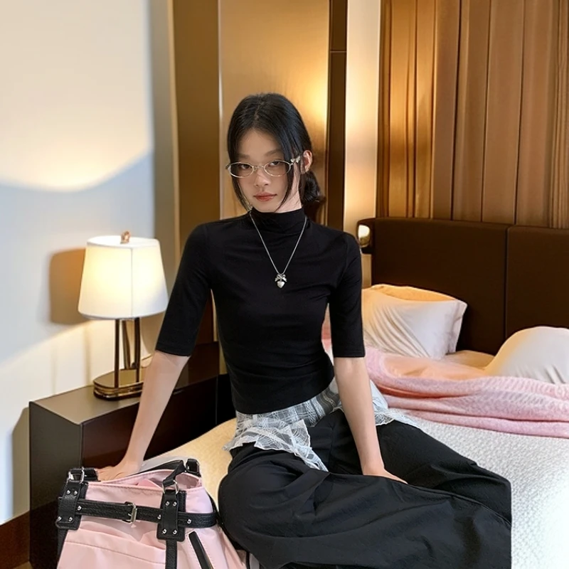 拉夏贝尔黑色小高领内搭中袖正肩t恤女秋季老钱风松弛感女装贵气