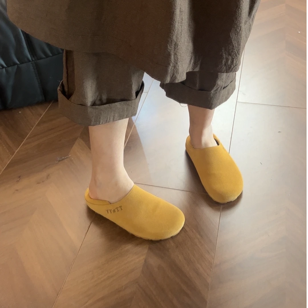 museguhui/木色古汇黄色休闲百搭时尚包头拖鞋