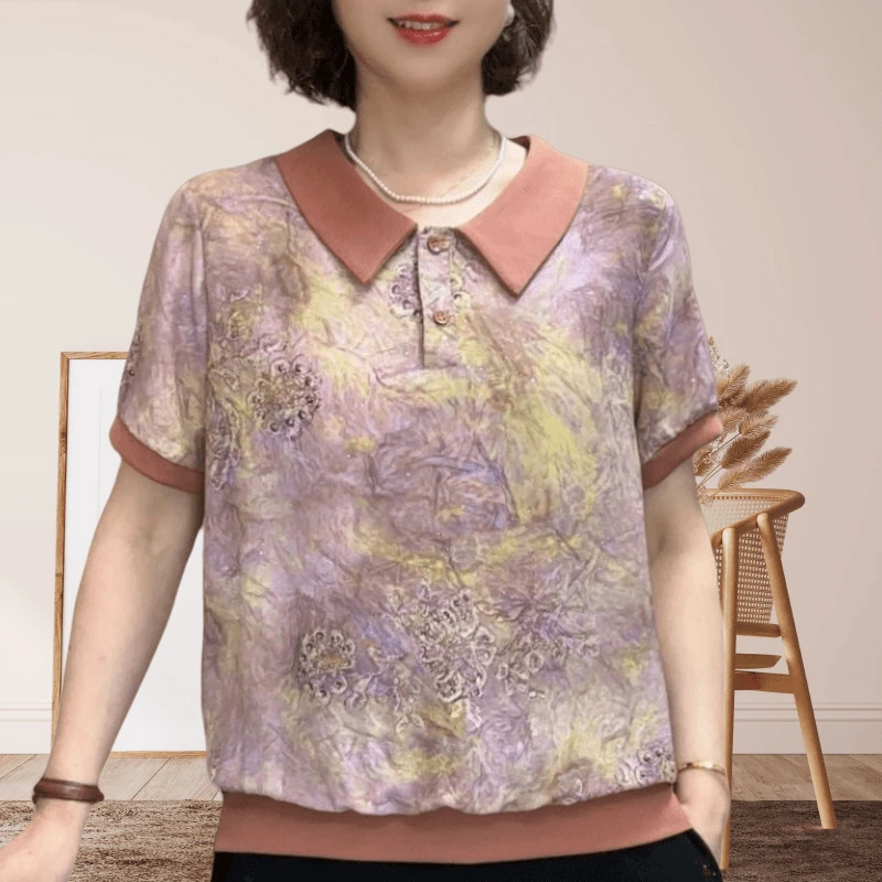 时尚洋气印花设计感短袖上衣女夏装新款休闲简约百搭显瘦翻领小衫