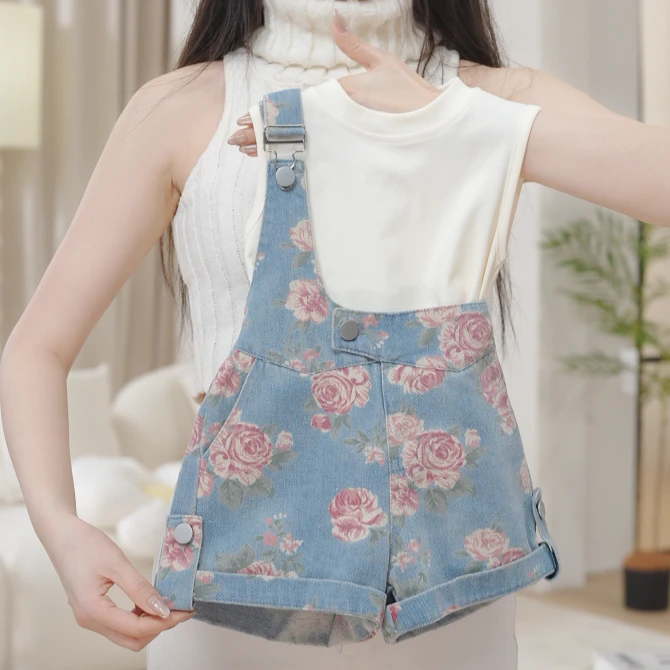 2025女童夏季新款洋气花园款牛仔单肩背带短裤背心两件套S17205