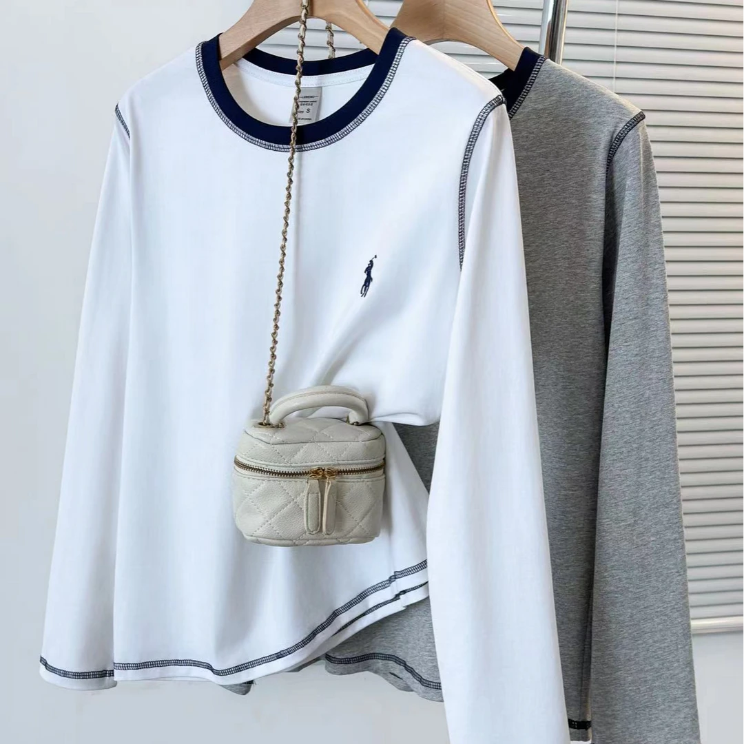 清仓长袖·【外贸品质-刺绣战马】设计感潮牌撞色时尚t恤24156