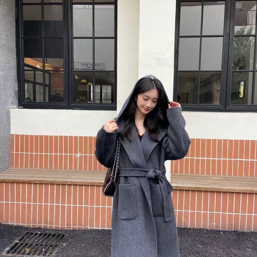 修身型中长款长款赫本风毛呢外套外套韩版百搭显瘦双面呢冬季