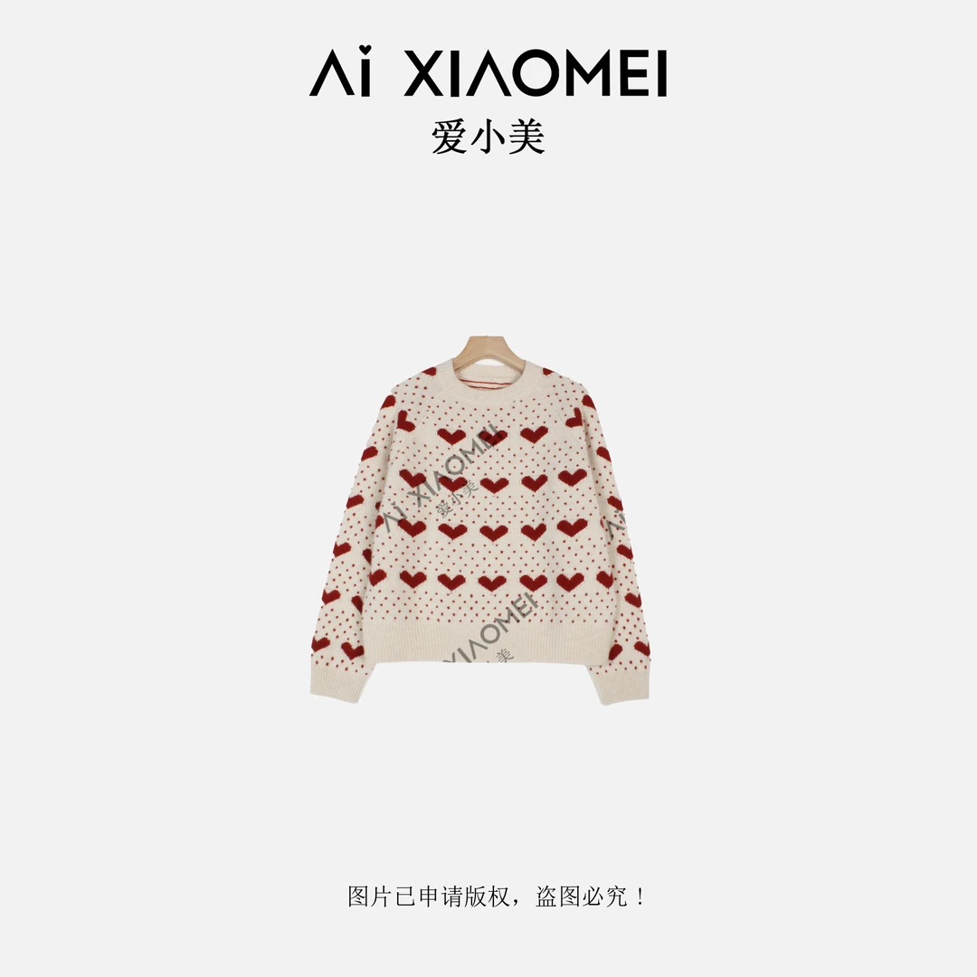Aixiaomei/爱小美T00山羊绒圆领保暖爱心提花针织毛衣YR08-1861