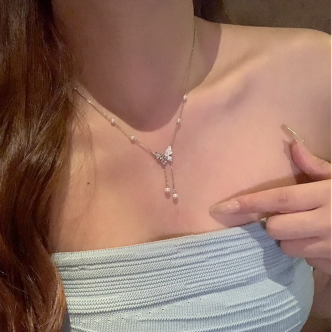 铜合金仿珍珠项链 夏日百搭闪锆蝴蝶珍珠流苏项链女气质锁骨链