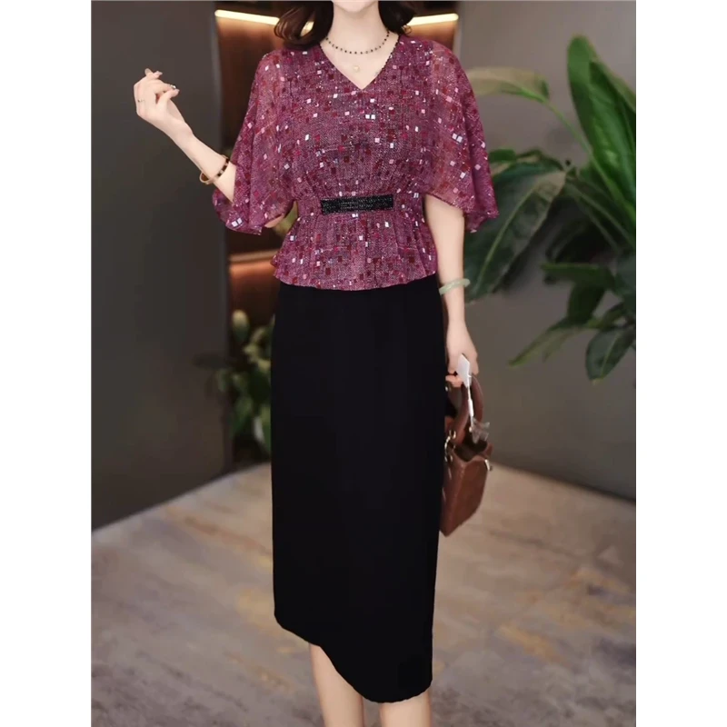 轻奢气质假两件连衣裙女2025夏季新款优雅减龄显瘦中长裙子5189#