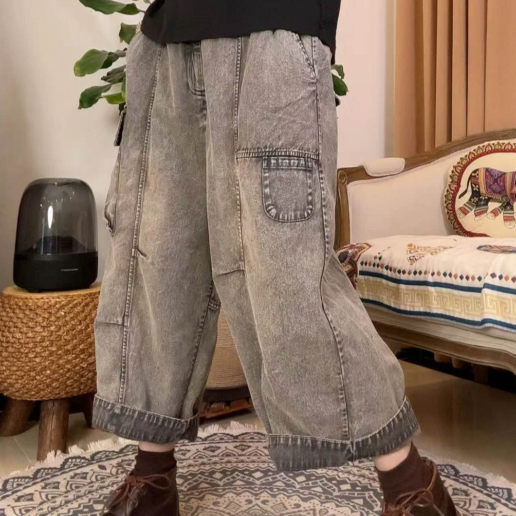 本古佳0731复古水洗八分工装裤138*85松紧腰 宽松减龄 气质休闲裤