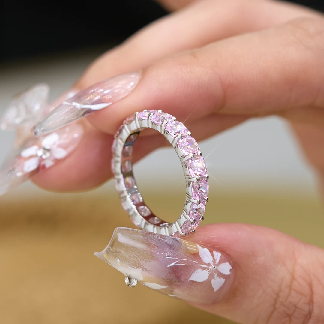 恒美娜 925银合成锆石戒指 粉钻摩天轮银戒高级感时尚情侣小众