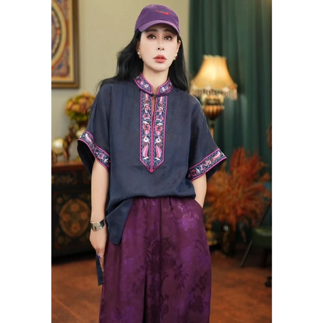 YUMEI丨古素丨新中式国风重工对襟刺绣老钱风落肩袖时尚短袖A6253