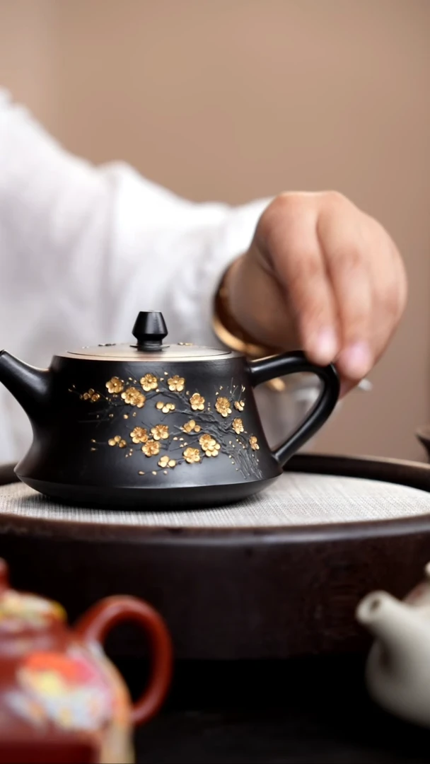 茶壶紫砂捂灰朱泥描金梅花柱础