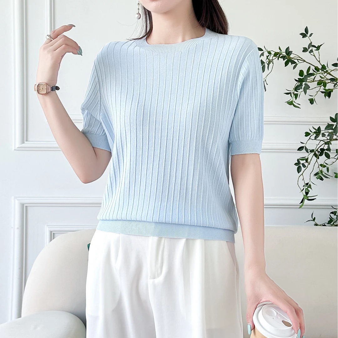 2025春季时尚百搭一线成衣无痕半袖圆领竖条纹针织打底衫[25039]