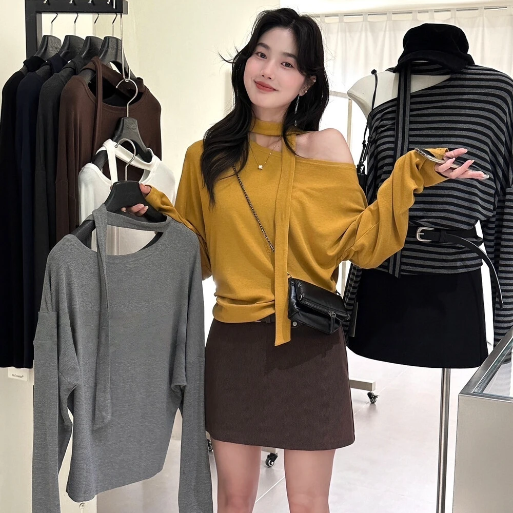 韩系条纹飘带长袖T恤女秋冬设计感小众修身显瘦上衣9217