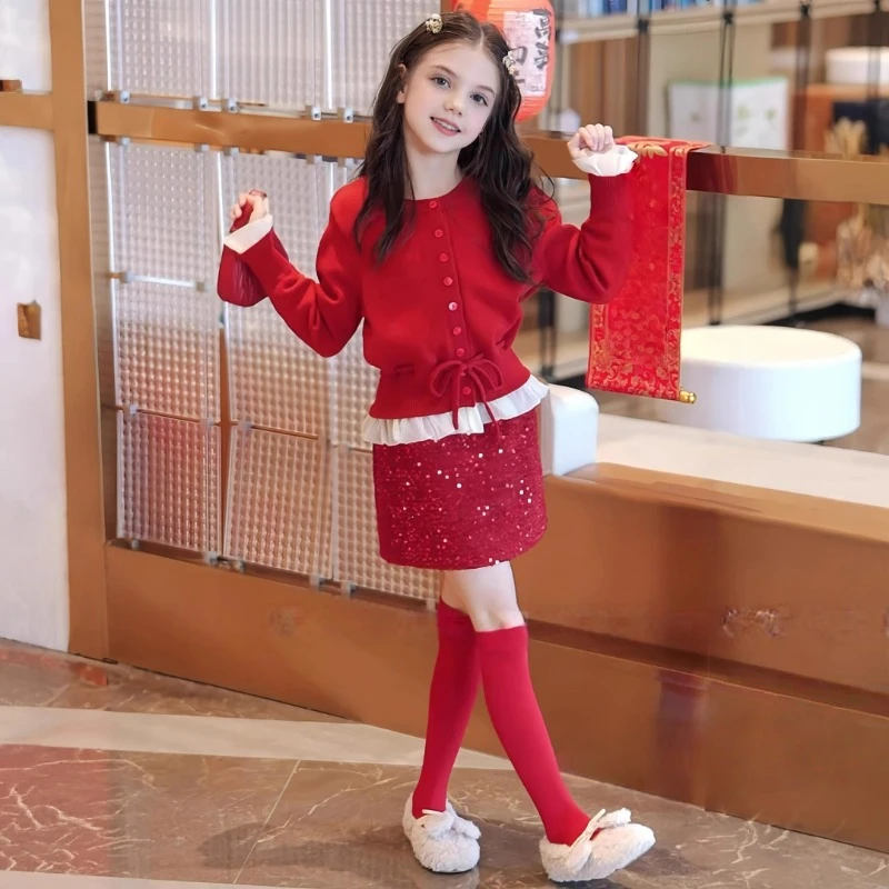 女童套装冬装2025新款女孩红色新年装儿童针织开衫外套裙子两件套