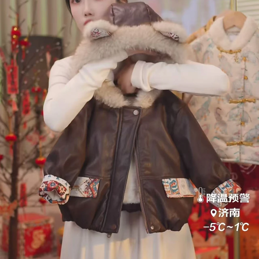 MOMOCO男女童冬季韩版加绒皮衣连帽保暖外套DSFFFFFF888