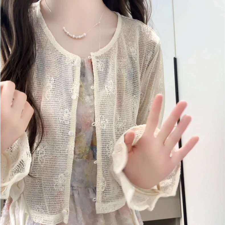新款镂空白色针织开衫2025夏宽松防晒空调衫外搭上衣长袖