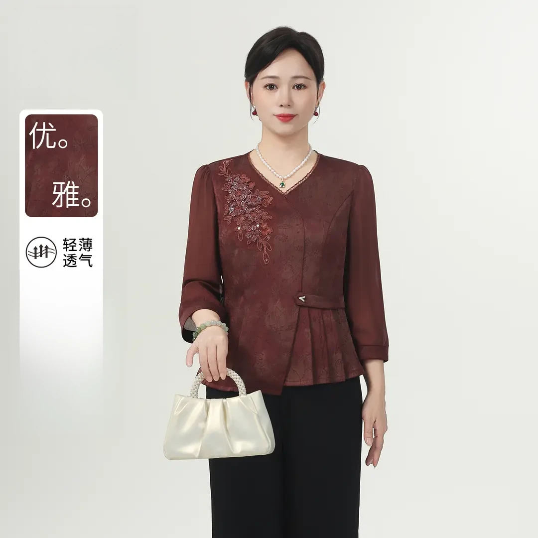 气质新款妈妈装2025早秋网纱袖刺绣上衣套装中老年女贵气国风小衫