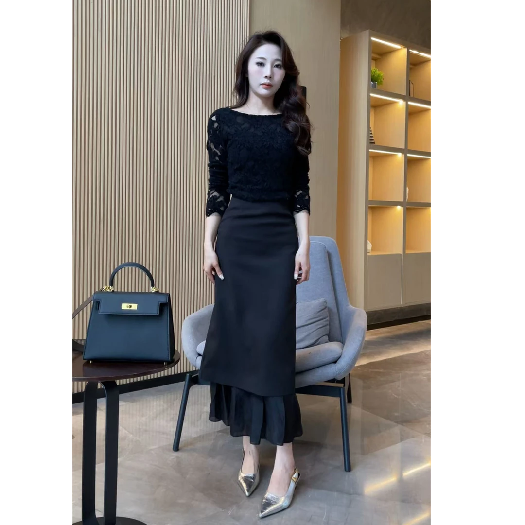 新款法式优雅下摆拼接鱼尾高腰包臀半身裙-25187