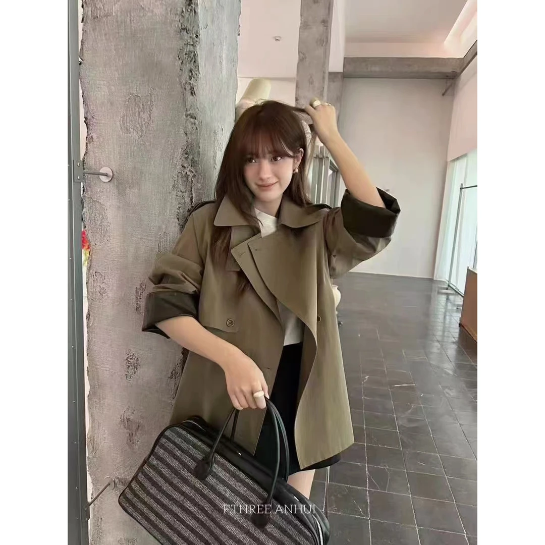 X333537-秋季新款时尚韩版翻领手袖拼色外套女百搭收腰款