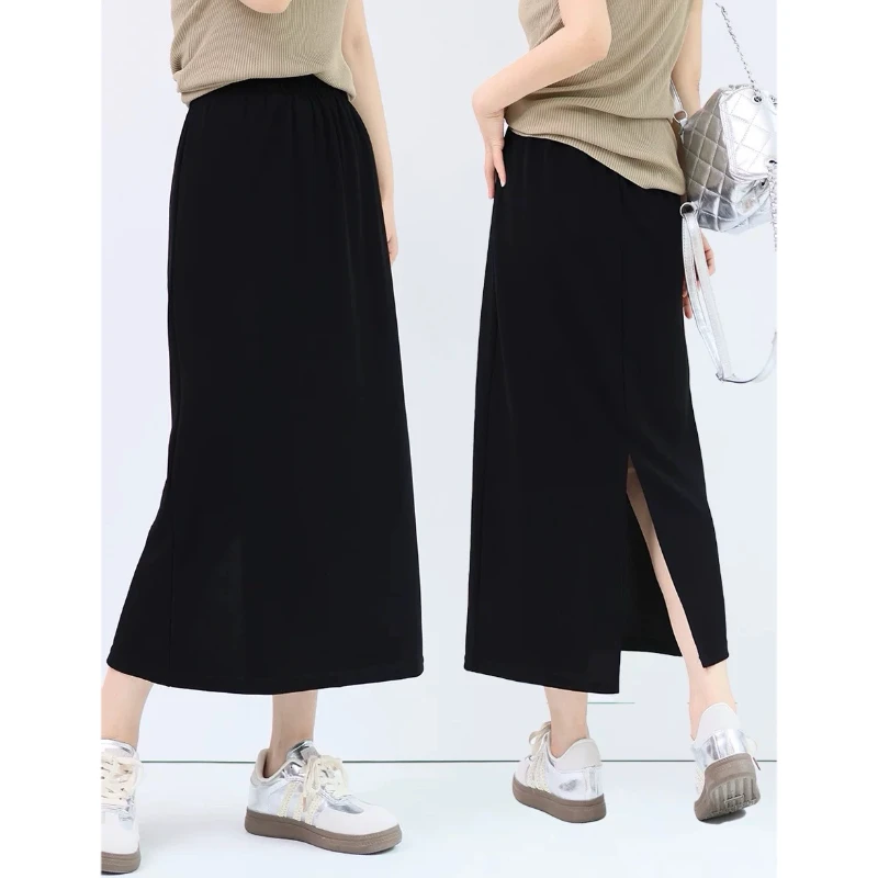 夏季垂感气质百搭休闲松紧腰大码显瘦高要半身裙后开叉直筒a字裙