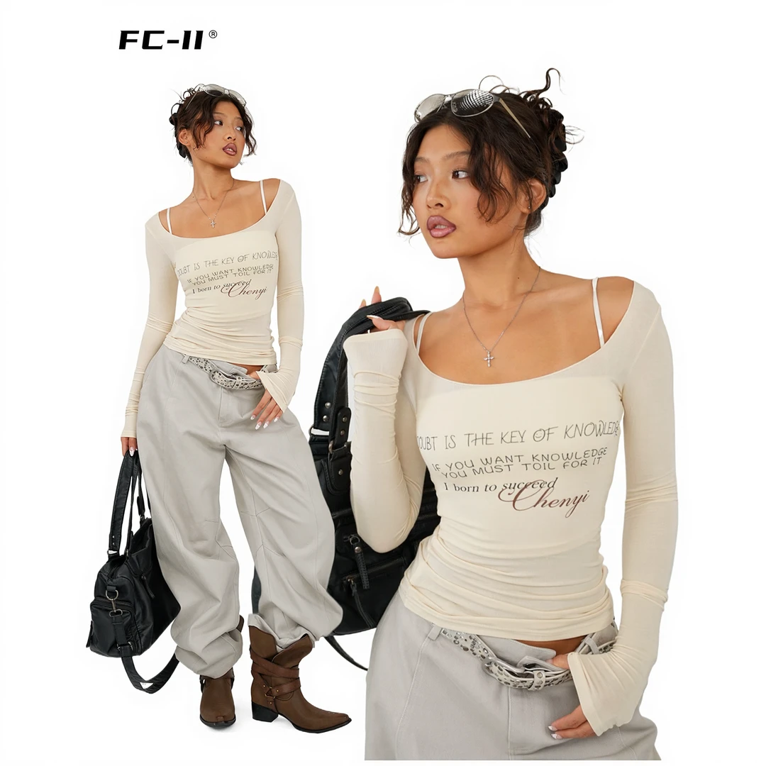 【Fcii】美式低胸性感透气轻薄白色长袖T恤打底H4S2601