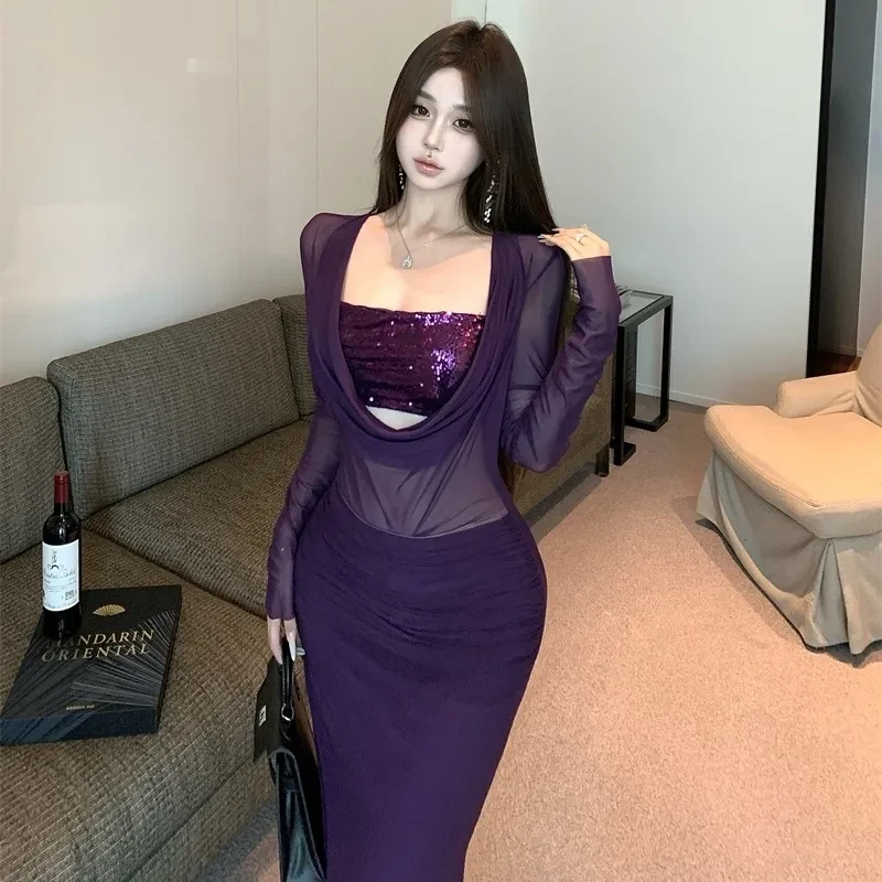 纯欲性感风带胸垫珠片荡领抹胸连衣裙女春季新款修身网纱鱼尾长裙