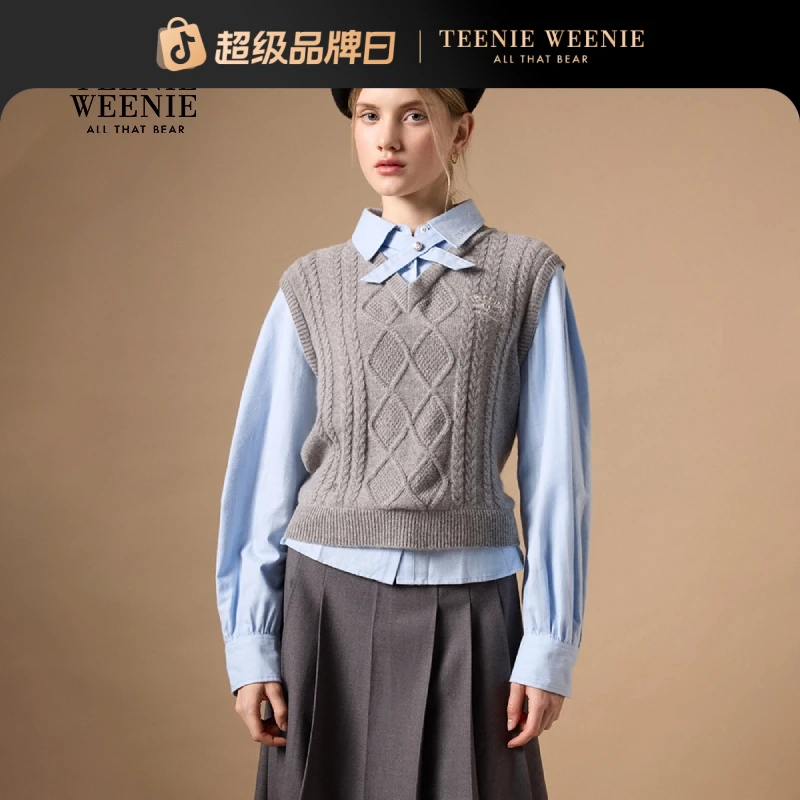 *TeenieWeenie小熊衬衫25秋新款气质学院风拼接上衣女TTYW254TW2B