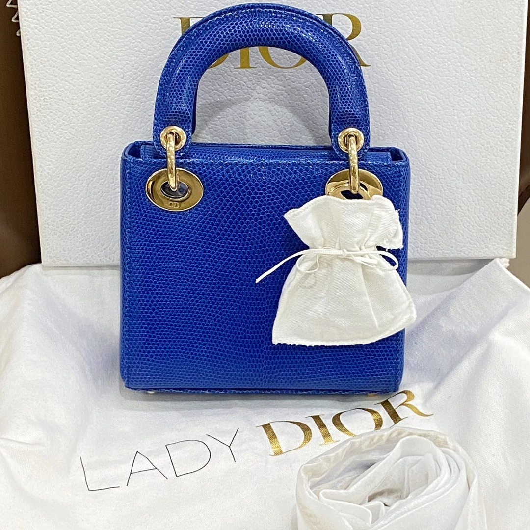 99新 DIOR/迪奥 戴妃三格蜥蜴皮电光蓝配色手提包