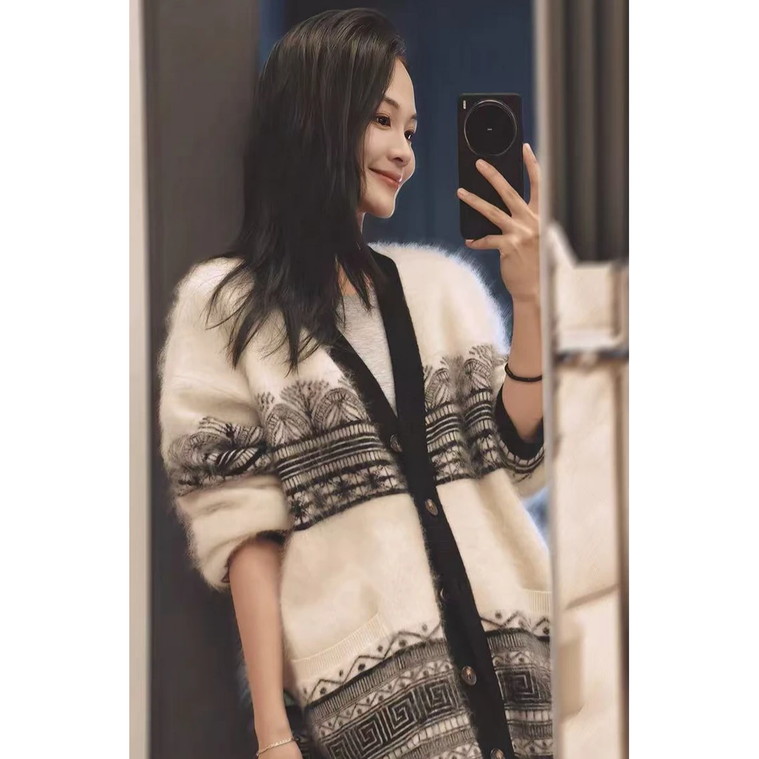 美洋MEIYANG 剪影羊绒开衫 断桥残雪塔尖拉绒水墨提花毛衣-周四