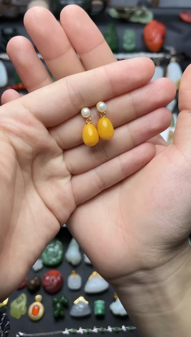 蜜蜡银S925镶嵌耳饰水滴耳钉06