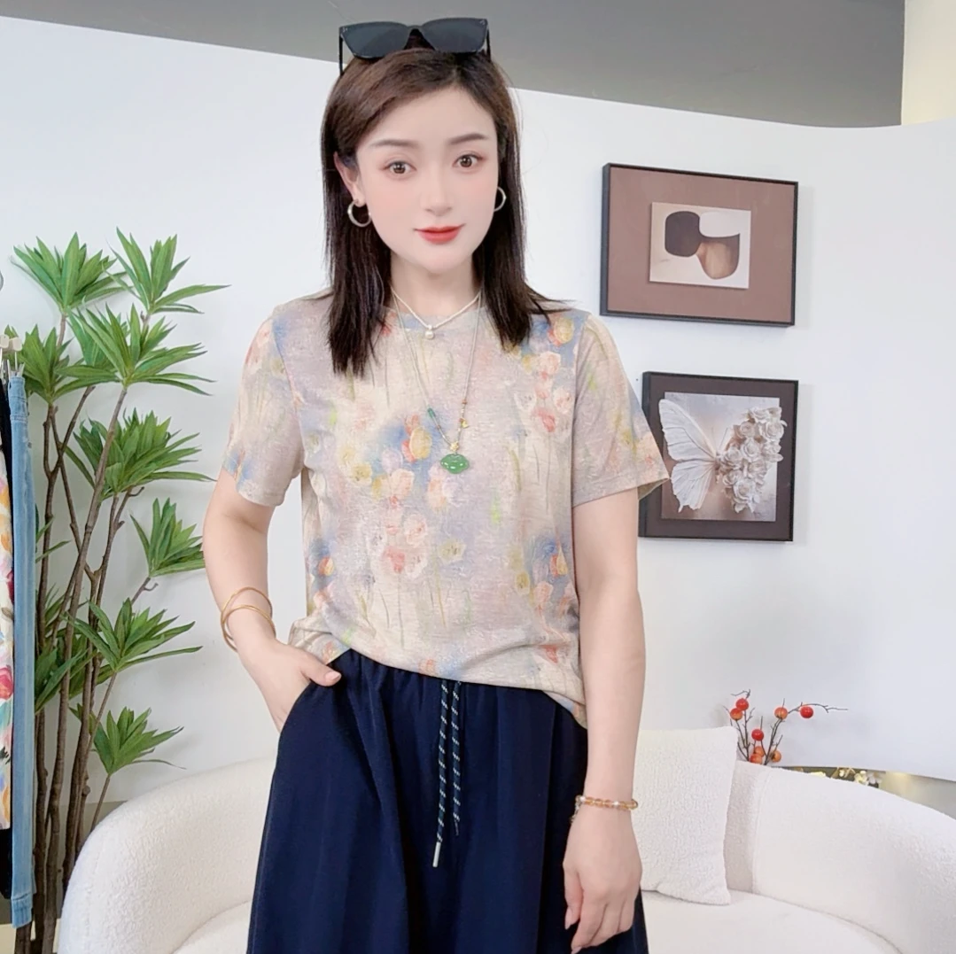 5982 丽丽--夏季新款气质圆领花卉晕染时尚减龄上衣