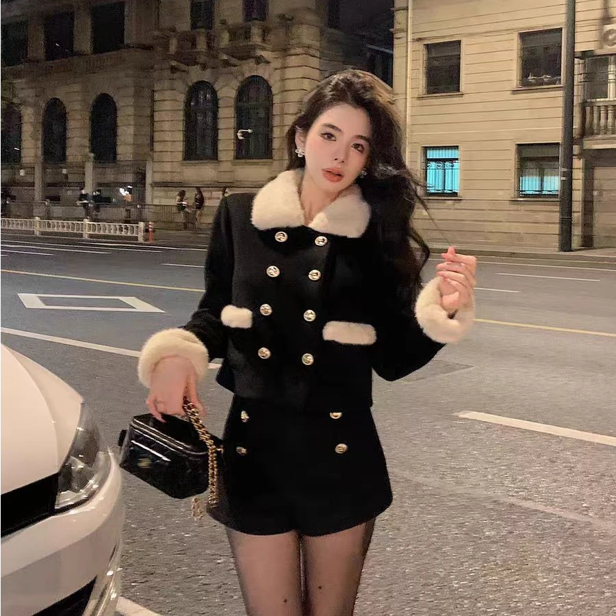 小香风秋季套装女款高级感气质黑色短款毛呢外套女洋气纯欲短裤女