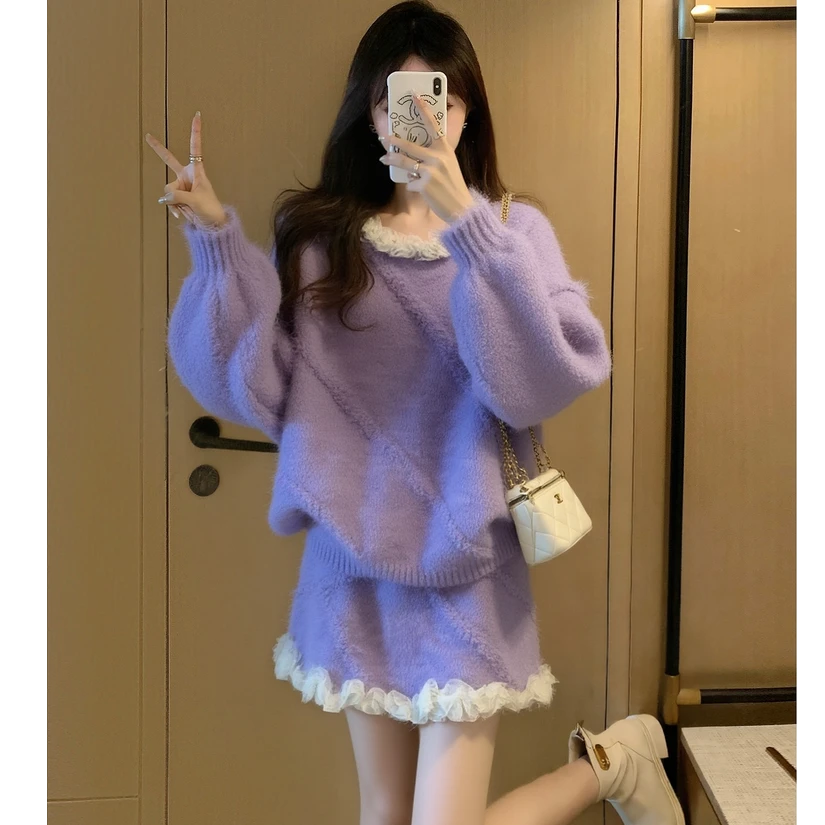 法式紫色针织套装女2025新款秋冬慵懒风穿搭一整套上衣短裙两件套