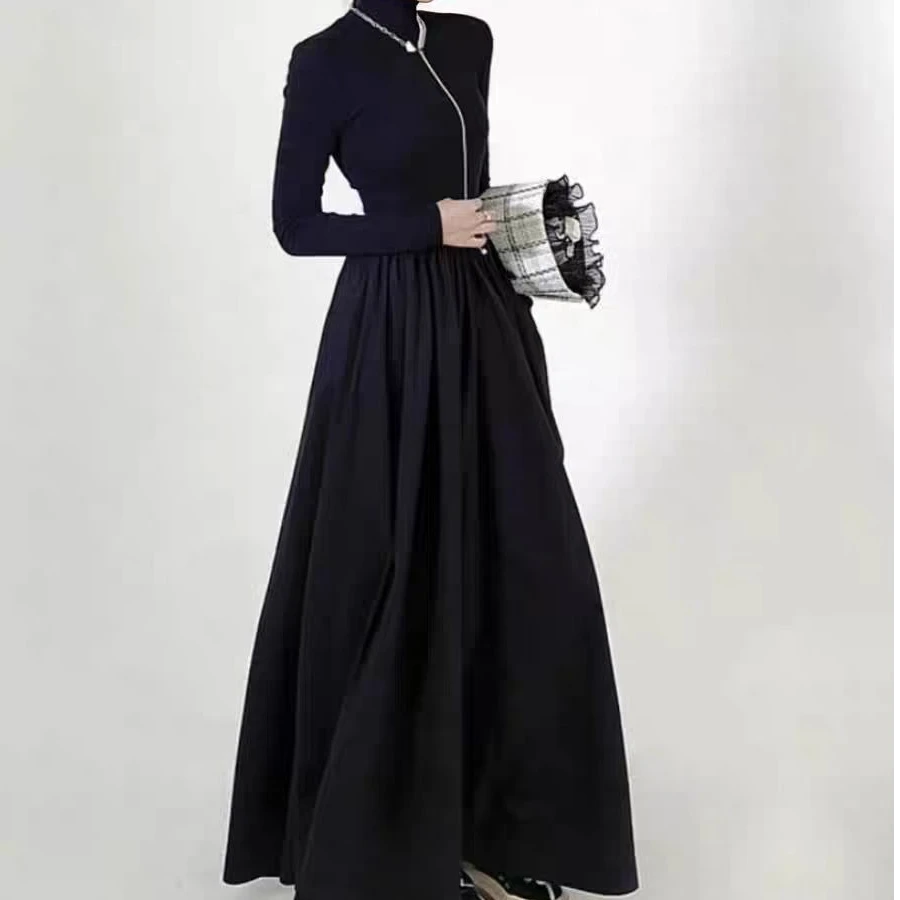 长裙雅丹风女士高领连衣裙黑色