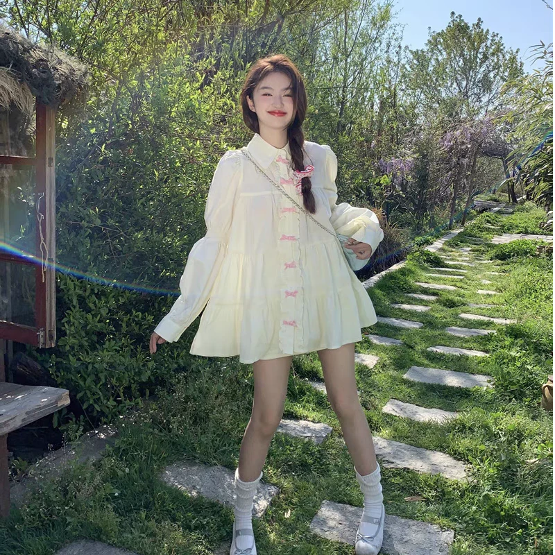 大码女装微胖MM韩系温柔甜美衬衫春季新款蝴蝶结灯笼袖宽松连衣裙